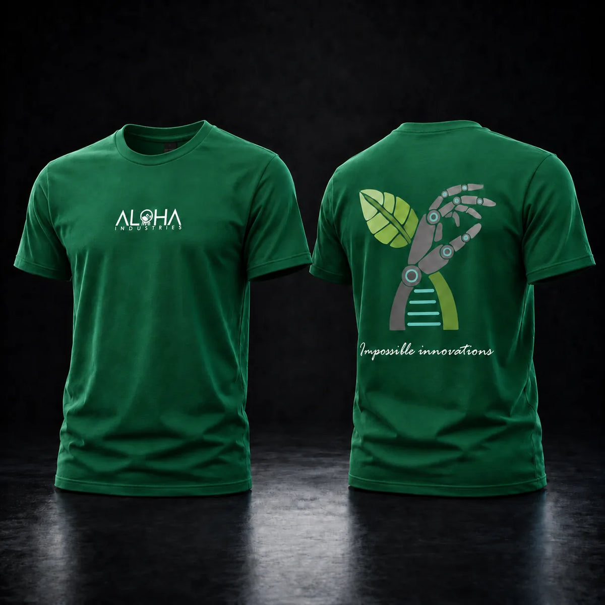 Green Aloha BioTech T-shirt, front and back