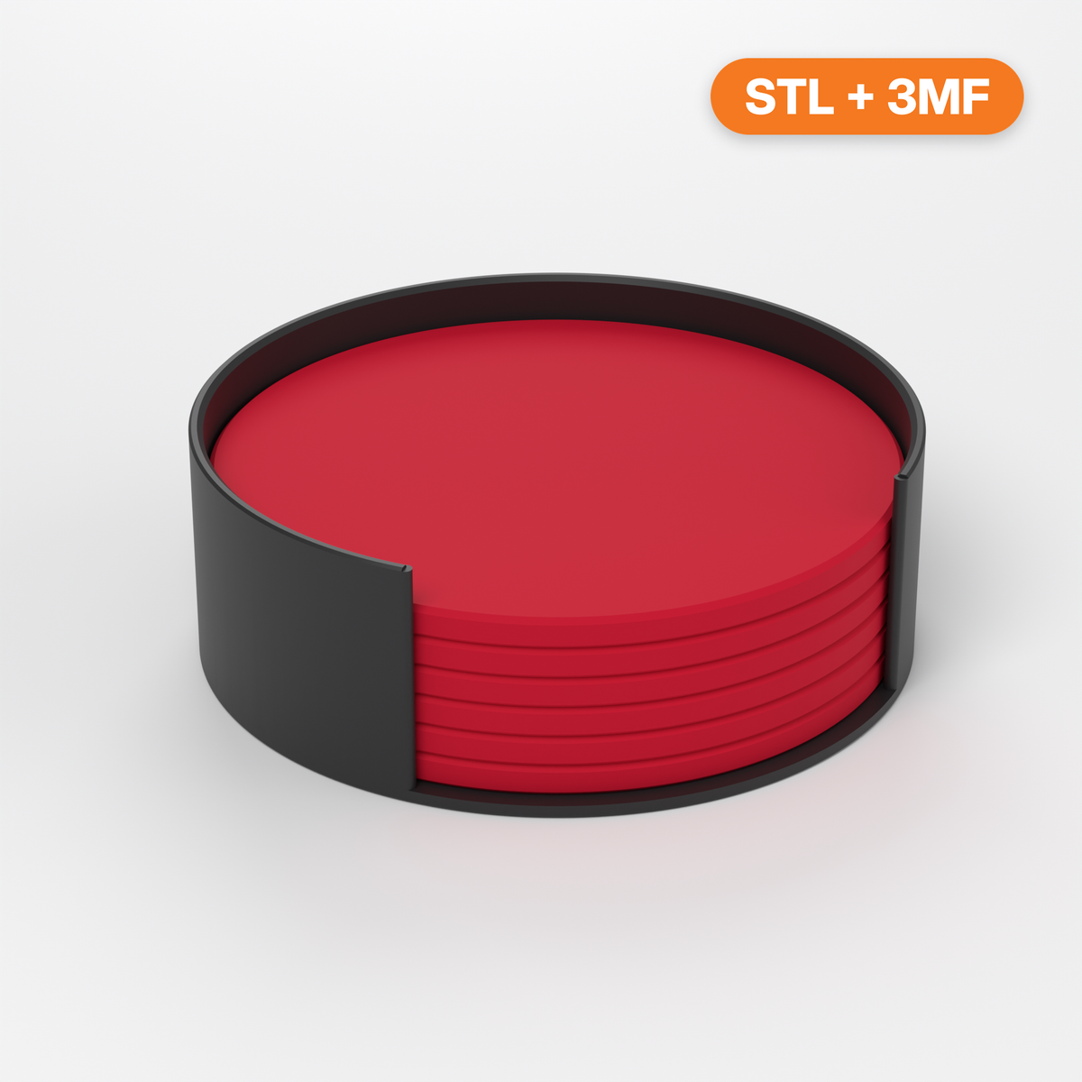 3D printable drink coaster set with stand, STL and 3MF files – shown printed in red with a black stand