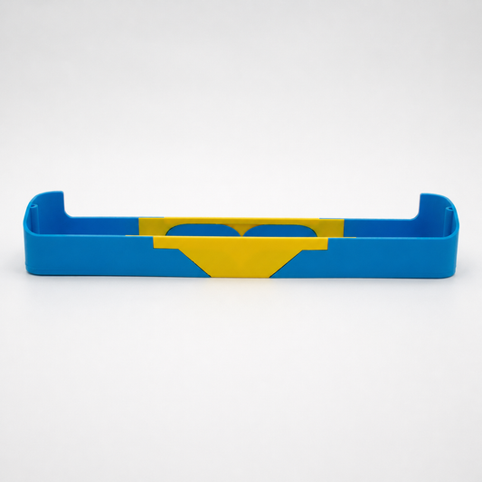 Modular blue and yellow refrigerator shelf on a light studio background