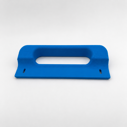 Custom blue refrigerator handle on a light studio background
