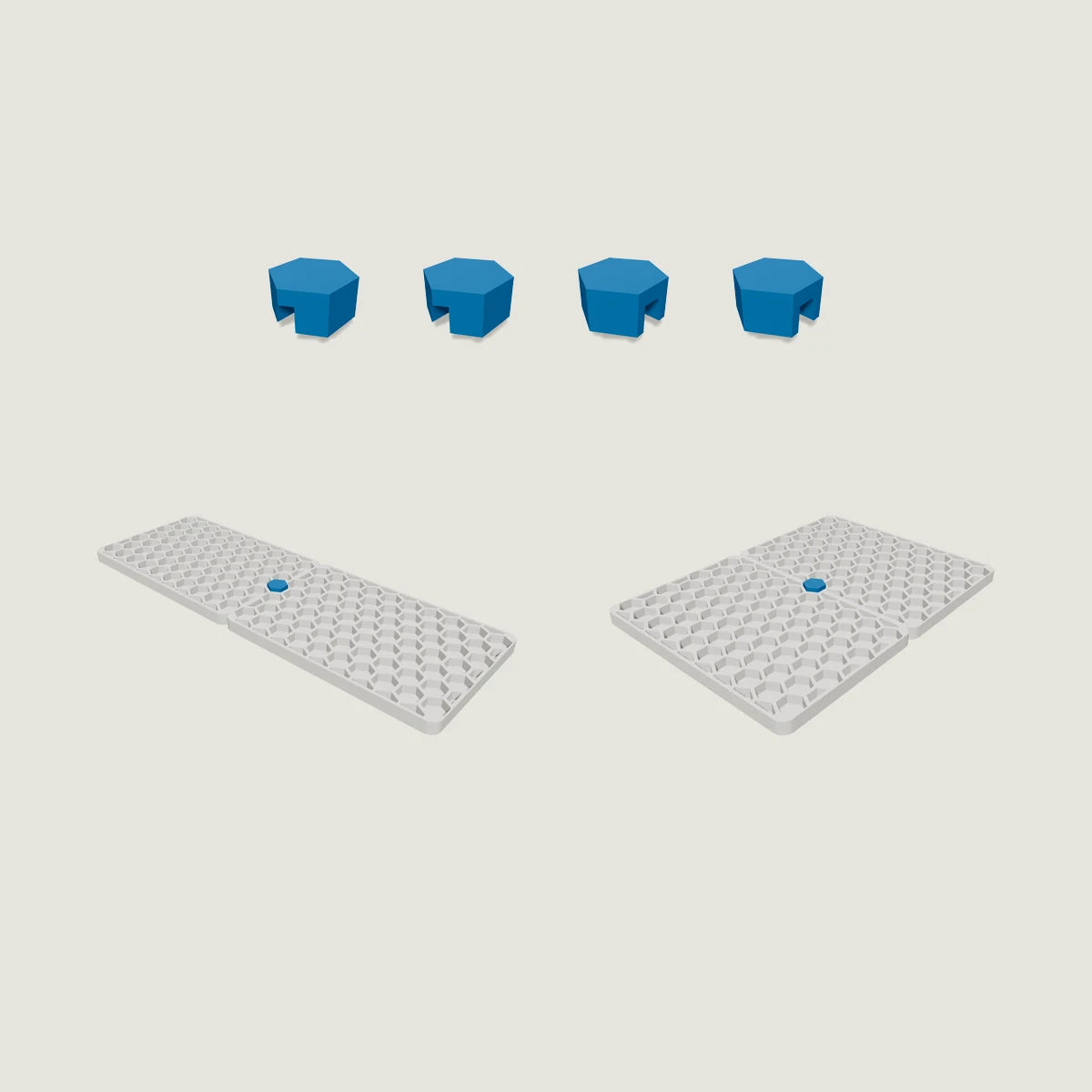 Aloha Stackables links (4×): four small links, horizontal and vertical versions, shown joining two base plates for scale