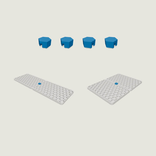 Aloha Stackables links (4×): four small links, horizontal and vertical versions, shown joining two base plates for scale