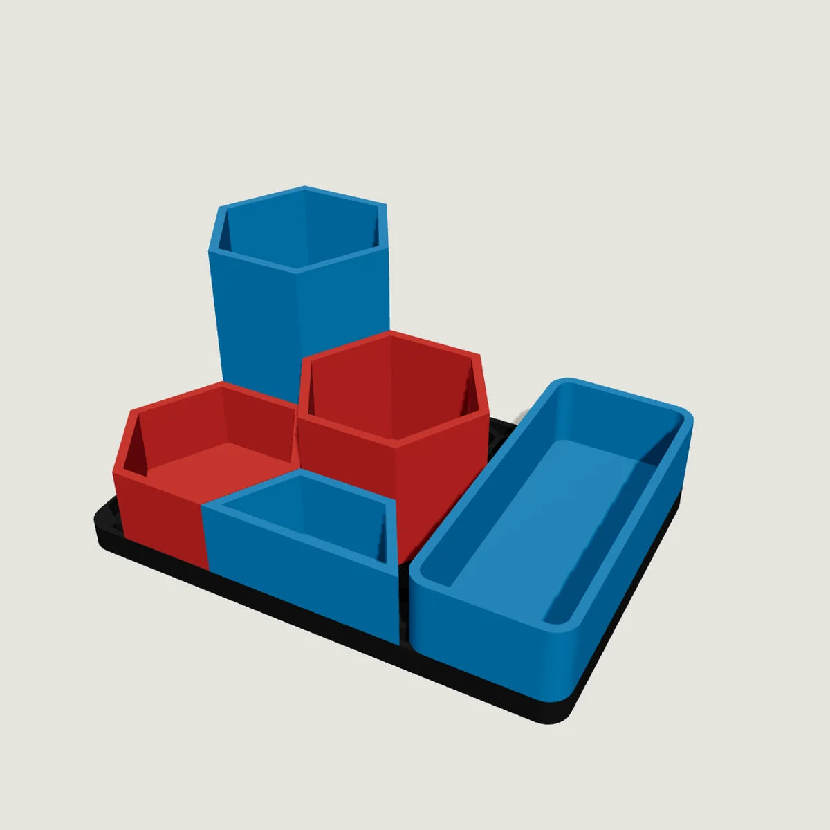 Aloha Stackables starter kit: hex holders and trays in blue and red on a black base plate