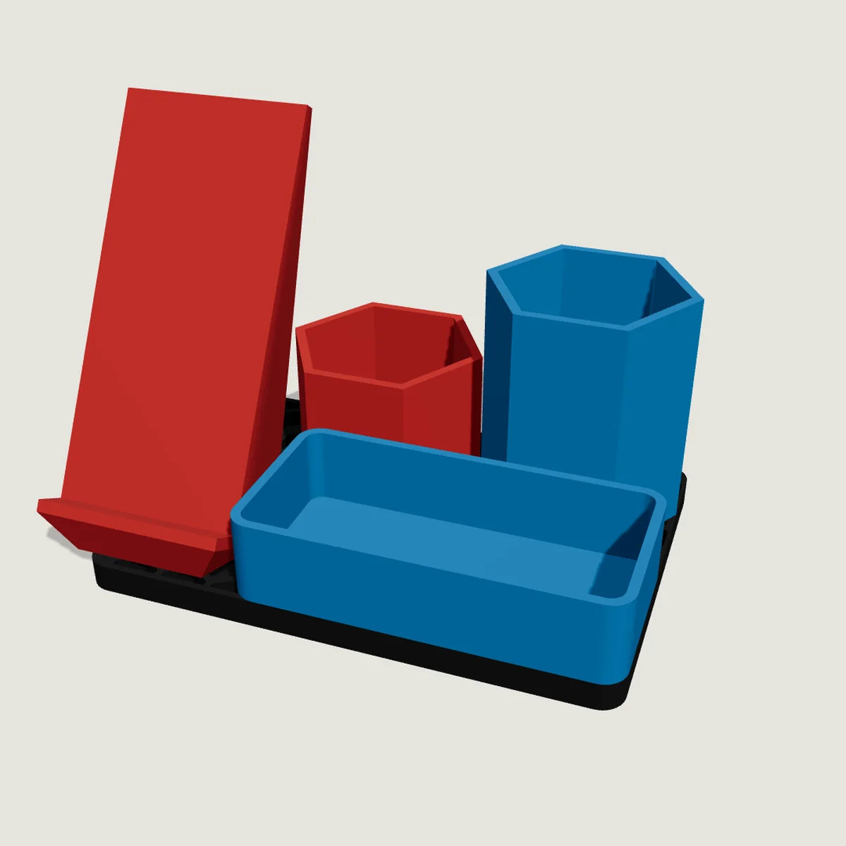 Aloha Stackables starter kit: red phone holder, hex holders and blue tray on a black base plate