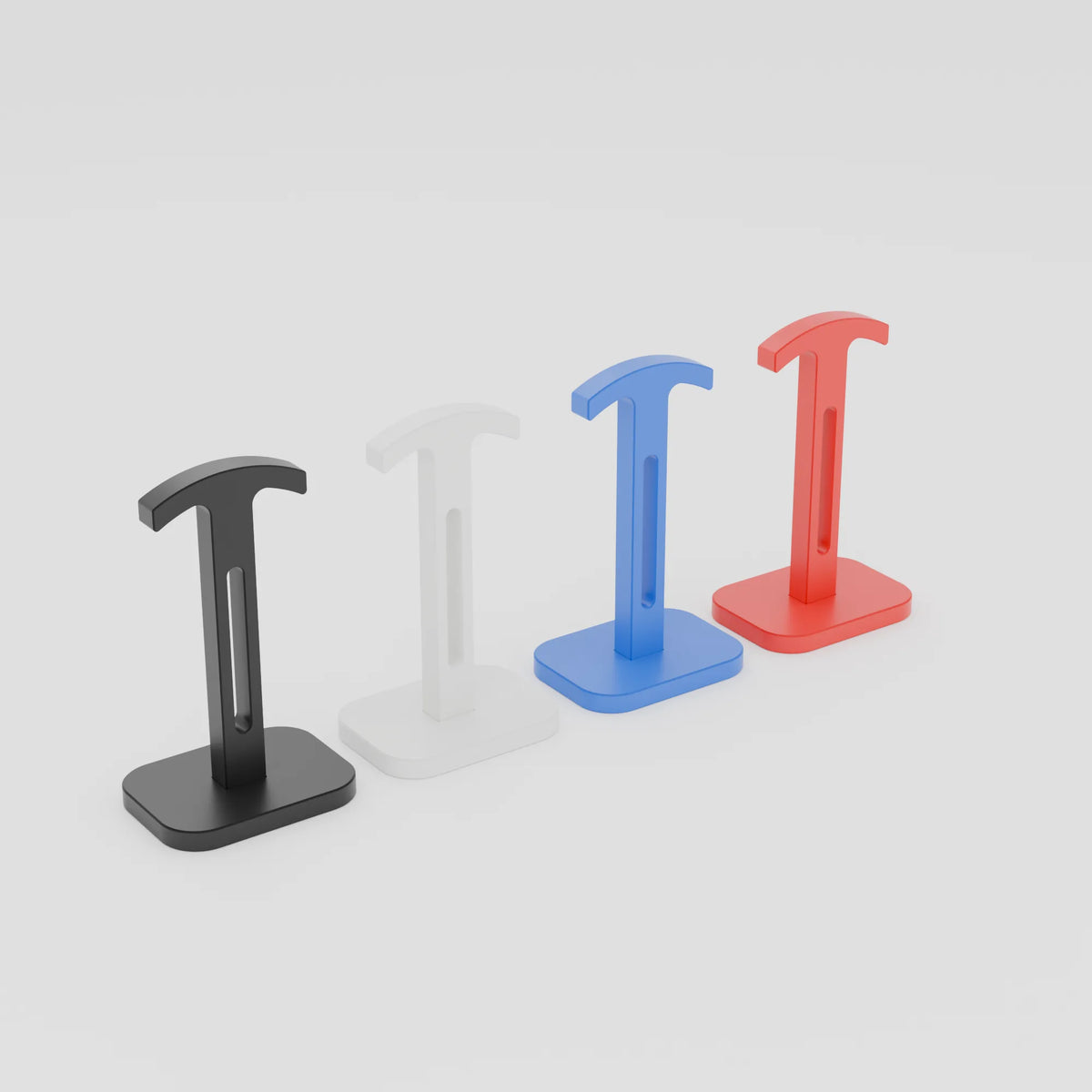 Headphone stand in black, white, blue and red