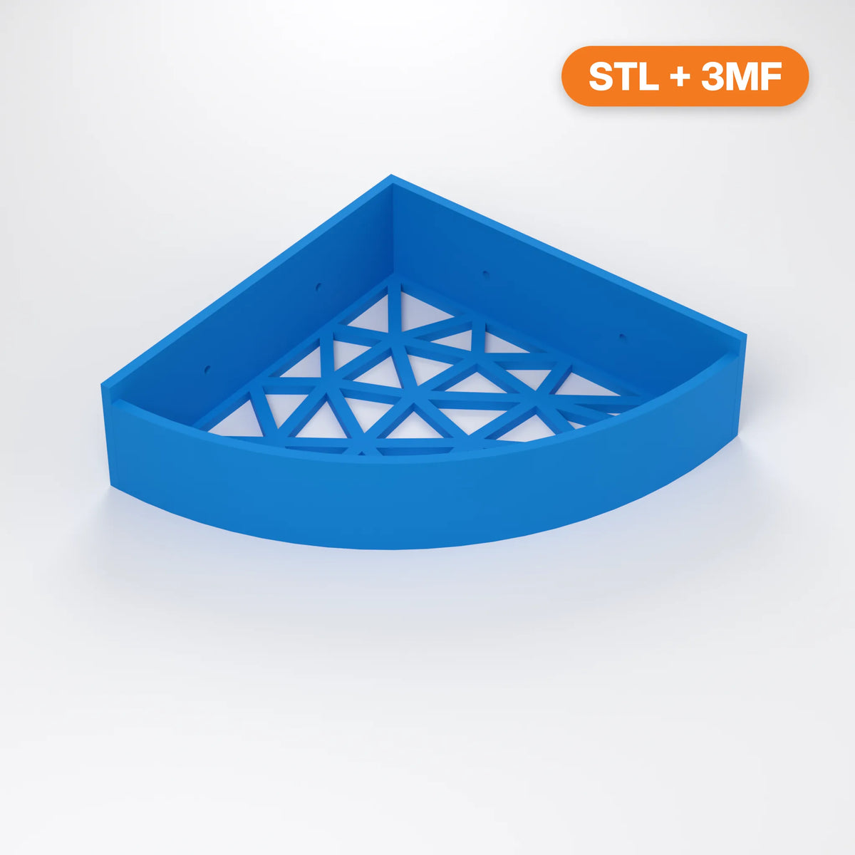Corner shower shelf STL in blue with triangle drain pattern