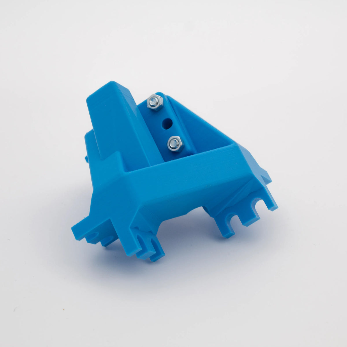 Blue 3D-printed assembled bracket, alternate view