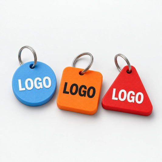 Custom 3D-printed keychains in circle, square and triangle with logo