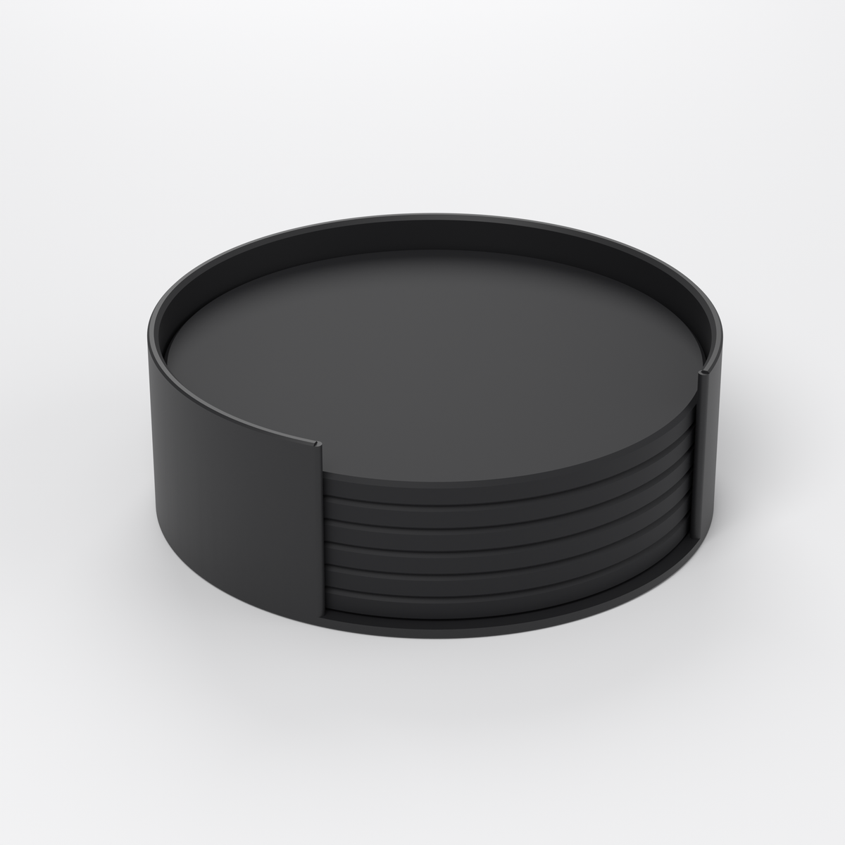 Set of 6 black 3D-printed drink coasters in a black stand