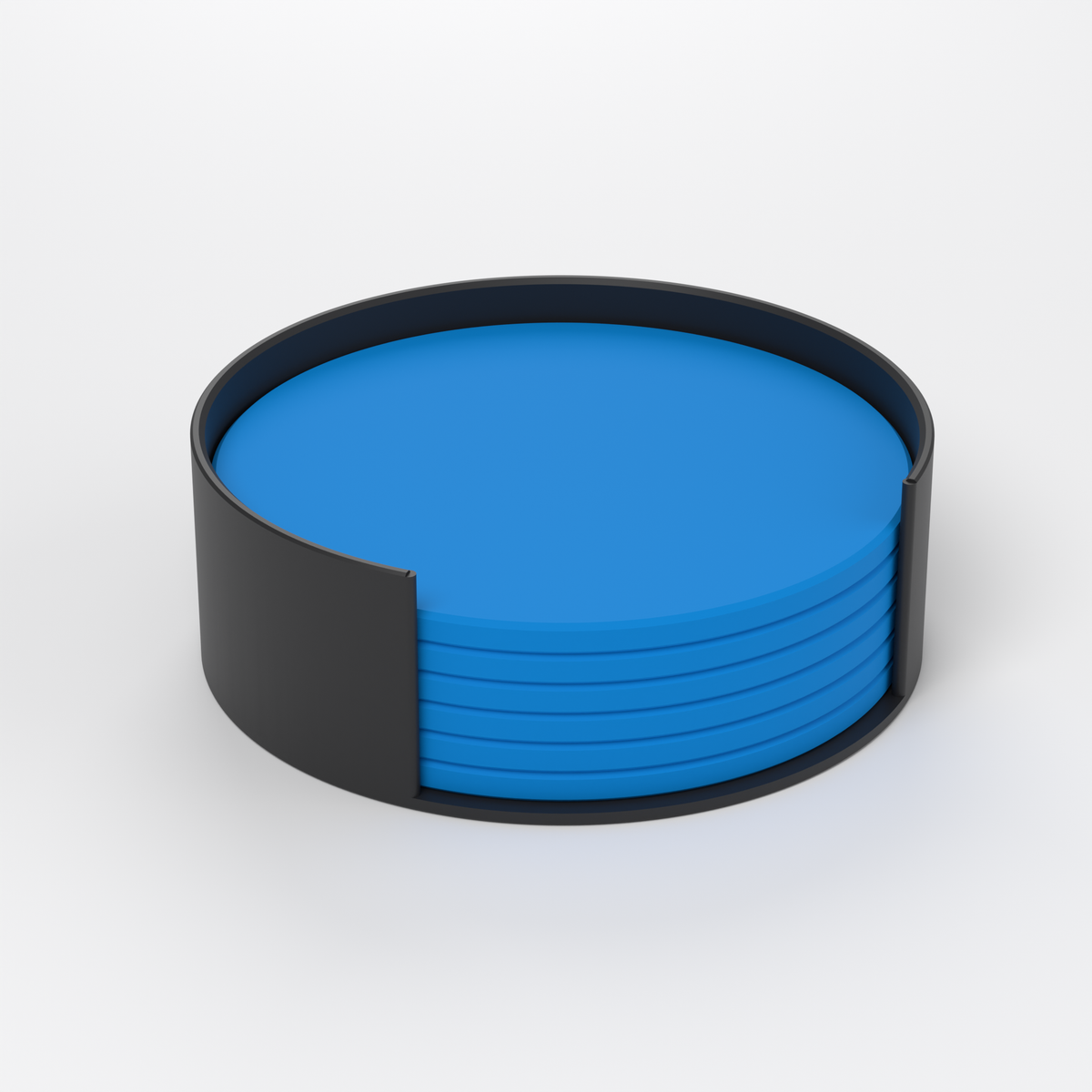 Set of 6 blue 3D-printed drink coasters in a black stand