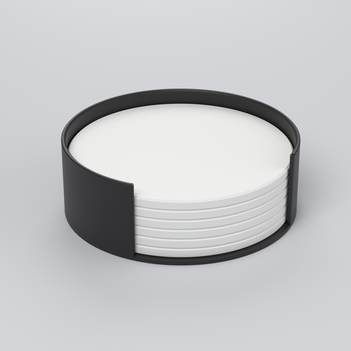 Set of 6 white 3D-printed drink coasters in a black stand