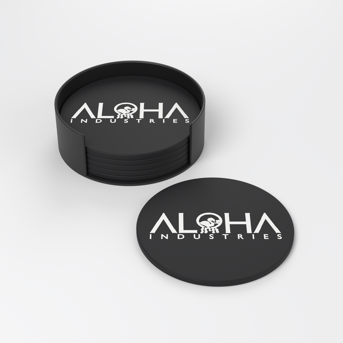 Example: black coasters with the Aloha Industries logo, one coaster beside the black stand