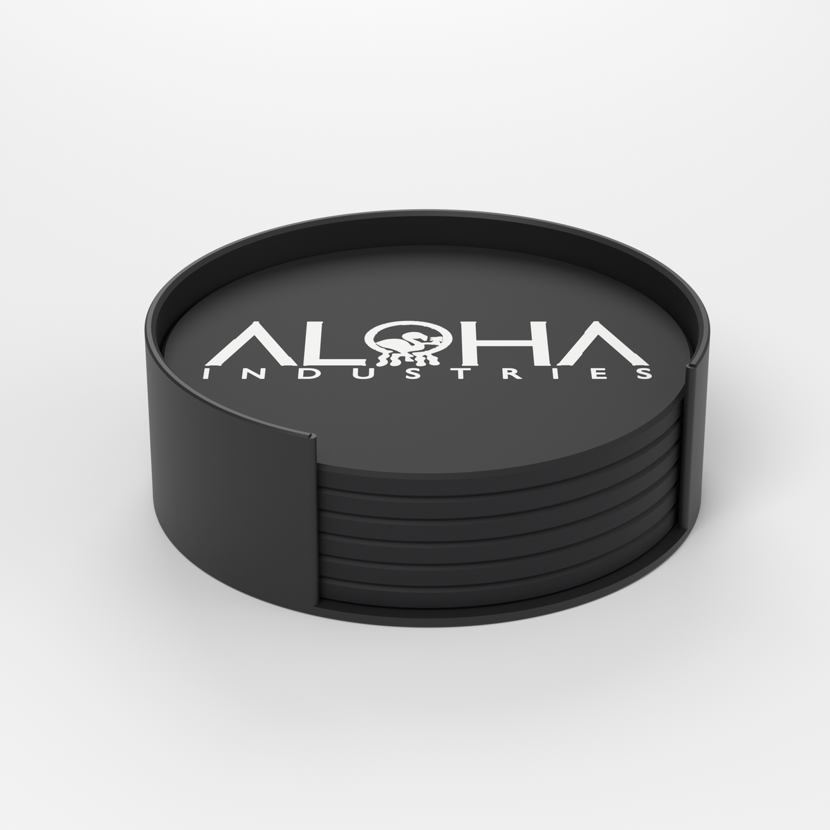 Example: set of 6 black coasters with the Aloha Industries logo in a black stand