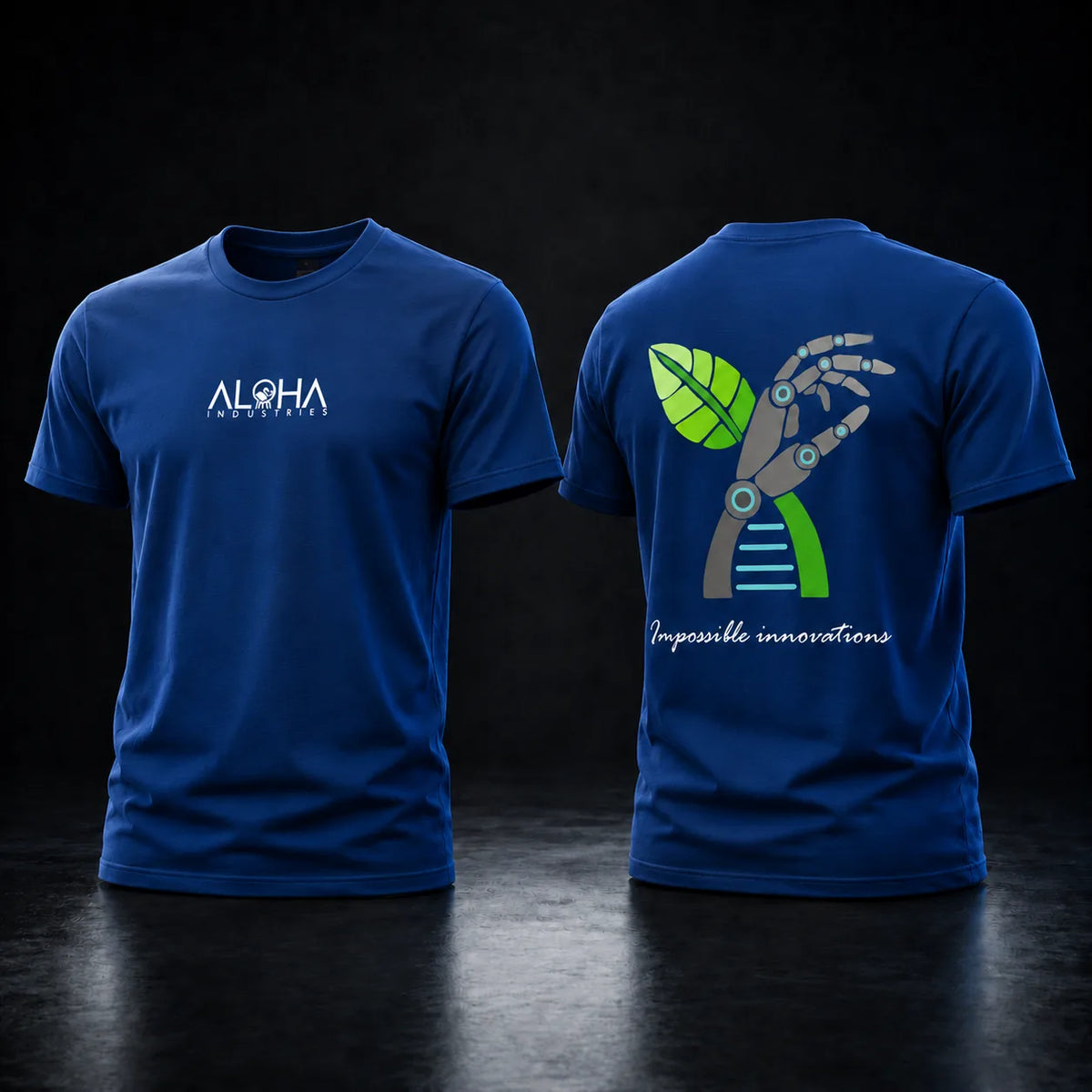 Blue Aloha BioTech T-shirt, front and back