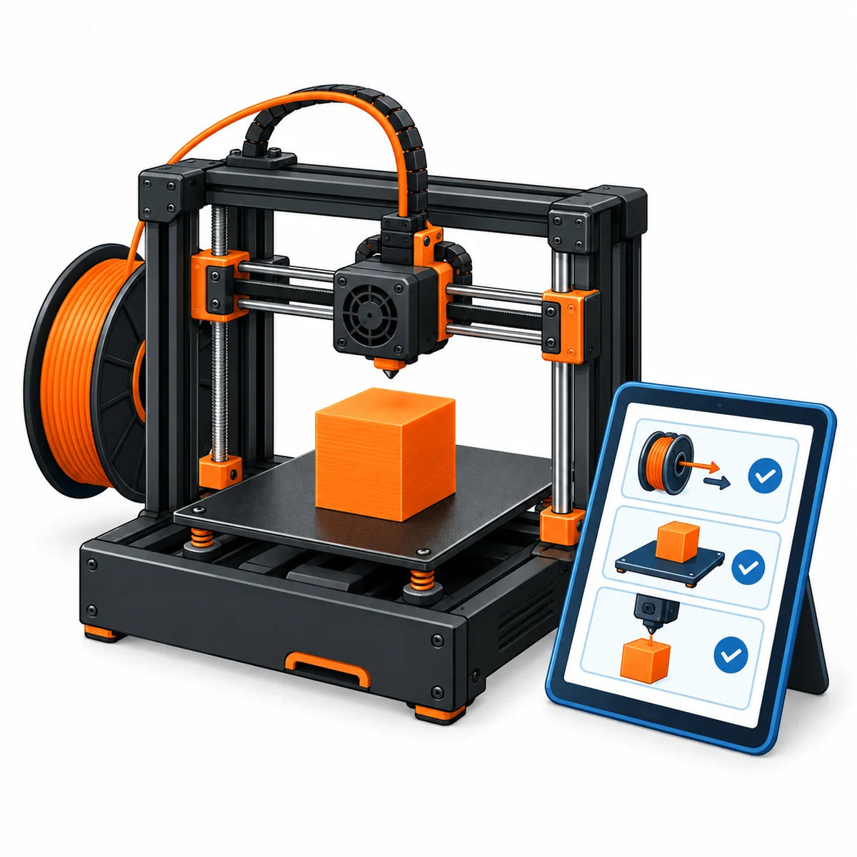 Design analysis and optimisation – colour 3D illustration of a 3D printer and tablet
