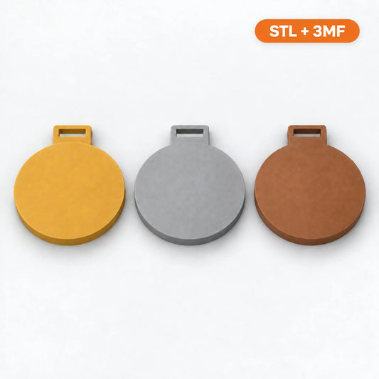 Blank medal STL and 3MF shown in gold, silver and bronze