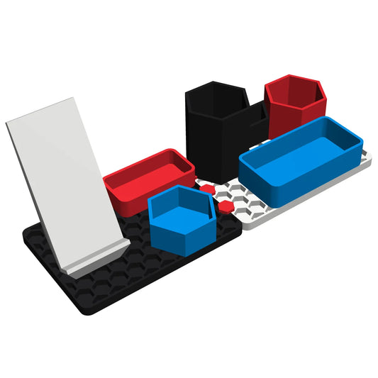 Aloha Stackables full set: phone holder, hex holders and trays on two linked base plates in black and white