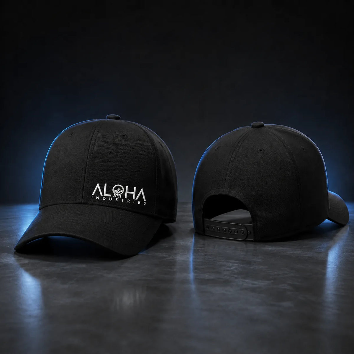 Black Aloha Industries logo cap, front and back