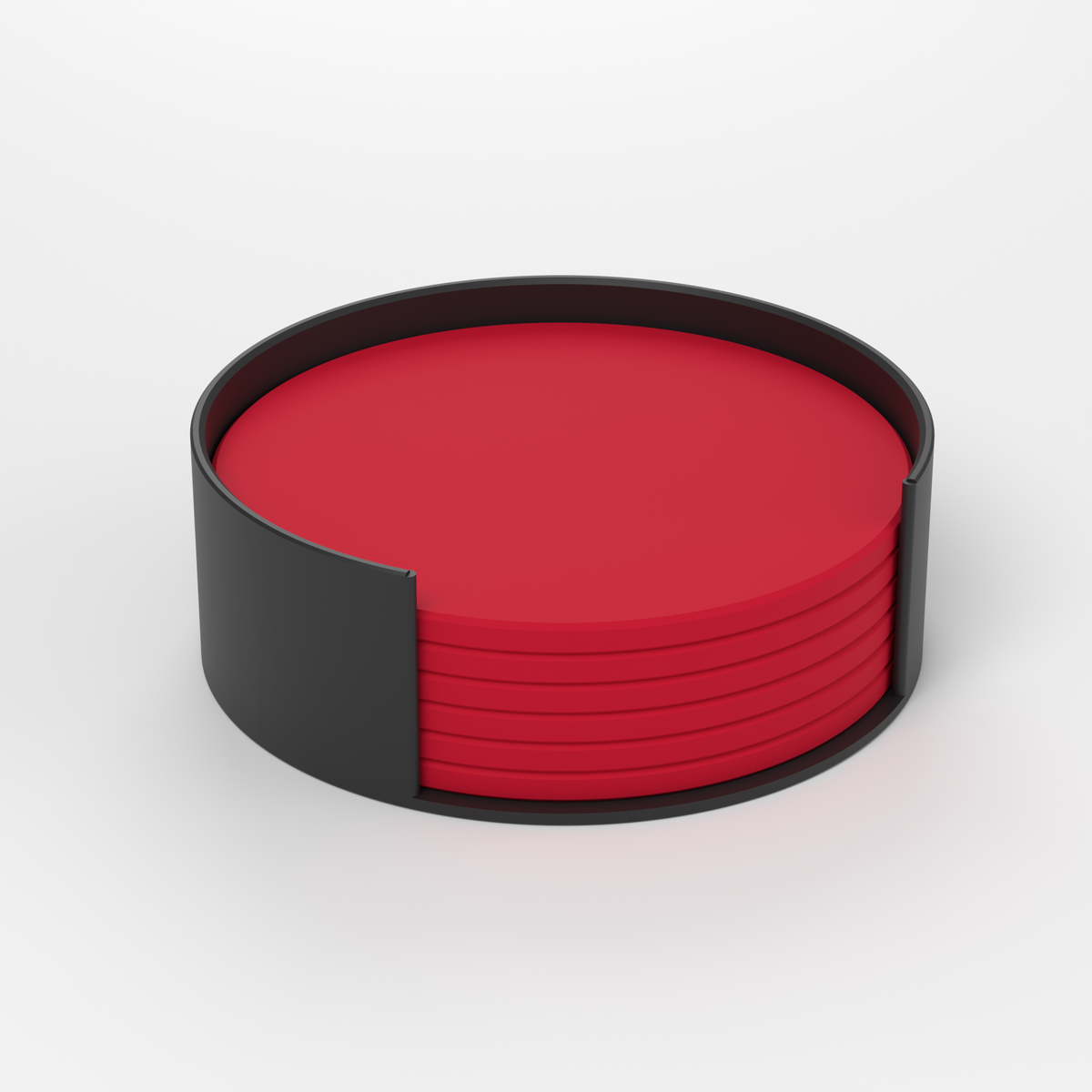 Set of 6 red 3D-printed drink coasters in a black stand