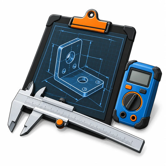 Prototype testing and documentation – colour 3D illustration of a blueprint and caliper