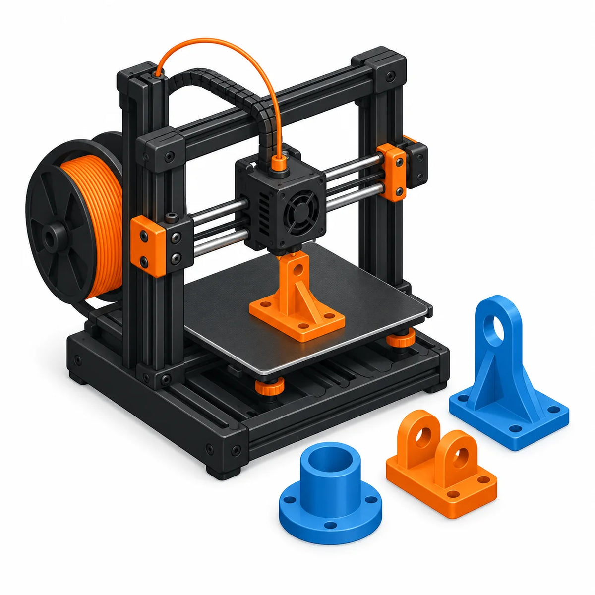 Prototyping and small-batch manufacturing – colour 3D illustration of a 3D printer and parts