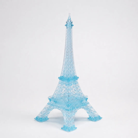 Clear blue resin 3D-printed Eiffel Tower model
