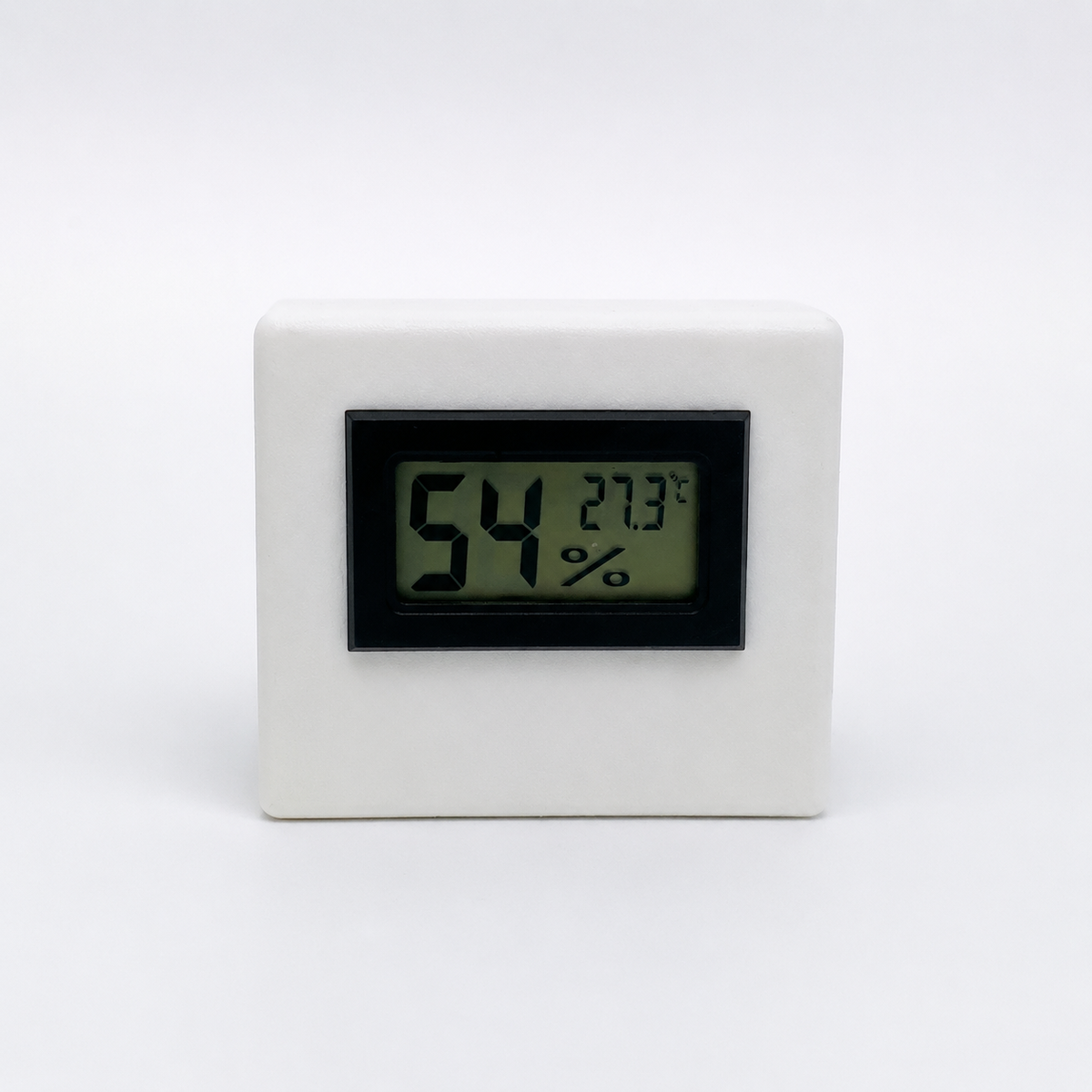 White digital temperature and humidity sensor, front view
